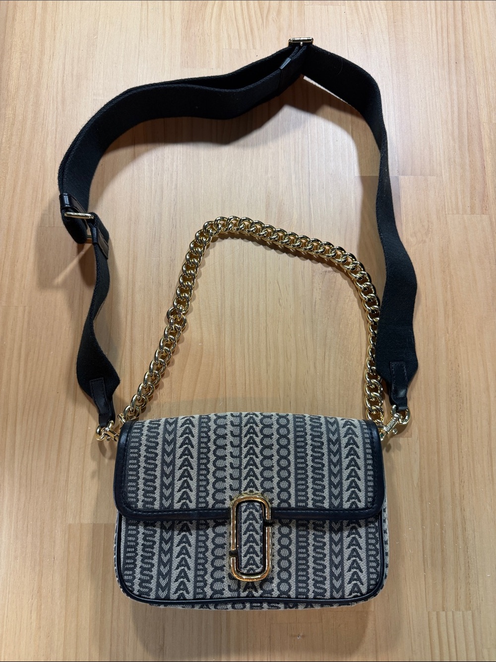 Marc Jacobs Black & Cream Patterned Crossbody Bag with Gold Chain